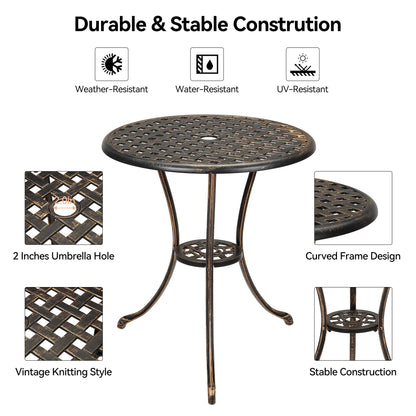 GarveeHome Patio Bistro Table, 24" Round Outdoor Coffee Table with 2" Umbrella Hole, Outdoor Cast Aluminum Bistro Table Side Table with Iron Frame for Balcony Backyard Lawn and Garden, Rustic Brown