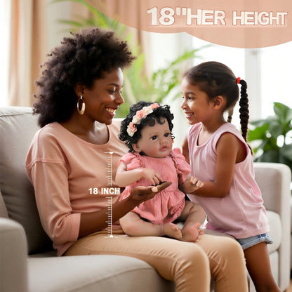 SCOM 18 Inch Reborn Baby Doll Black Girl - Realistic African American Newborn Girl Dolls, Real Lifelike Dolls with Soft Weighted Body, Poseable Real Baby Reborn Gift Toy for 3+ Years Old Kids