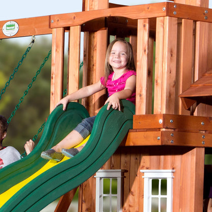 Backyard Discovery Tanglewood Cedar Wood Swing Set with Wave Slide, Clubhouse, Playhouse, Covered Snack Bar Window, Bench, Rock Wall Ladder, Belt Swings, Trapeze, Porch, Step Ladder, Outdoor Playset