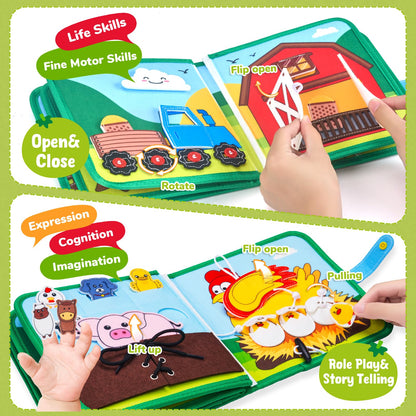 JoyCat Farm Busy Book for Toddlers 1–3 – Quiet Montessori Activity Book with 15 Daily Life Activities, Screen-Free Travel Toy for Toddlers, Easter Basket Stuffers Gifts Kids