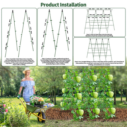 A-Frame Cucumber Trellis for Raised Bed - 63”H x 47”W, Heavy-Duty Detachable Garden Trellis with Netting & Clips, Support for Climbing Outdoor Cucumber, Tomatoes, Luffa, Bitter Melon, Vining Flowers
