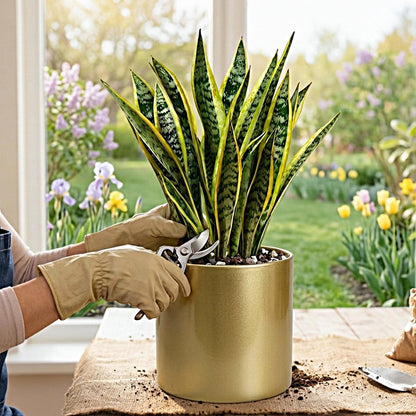 Rioneta Metal Plant Pot with Drainage Hole,Mid Century Modern 7 inch Round Pot Indoor Outdoor Planters Gift for Decorative Pots of Tabletop Living Room Bedroom Gold