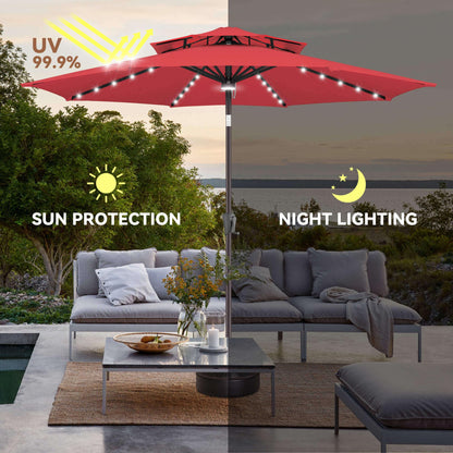 AckMizz 9ft Solar Umbrella Outdoor - 2 Tiers Lighted Solar Patio Umbrella with 40 LED Lights Waterprool UV Protection, Table Umbrella with Tilt for Pool, Porch, Garden, Backyard (Red)