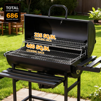 MASTER COOK Barrel Charcoal Grill with Foldable Front Shelf, 686 Sq.in. Cooking Area Outdoor bbq Grill,Thermometer and Adjustable Air Vents for Patio, Parties,Backyard, Tailgating, Black