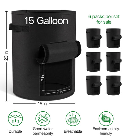 Moyios 6-Pack 15 Gallon Potato Grow Bags – Durable Nonwoven Fabric Planters with Reinforced Handles | Reusable Garden Containers for Potatoes, Vegetables (Black, 15 Gallons/6 Pack)