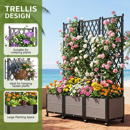 UrGROWA Raised Garden Bed Planter Box with Trellis, 63''H Tomato Planters for Climbing Plants Vegetable Vine Flowers Outdoor Patio Tomato Cage, Self Watering Planter with Wheels