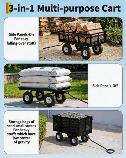GarveeTech 800LBS Heavy Duty Steel Garden Cart, Garden Wagon Cart on Wheels, Metal Yard Utility Wagon with Removable Mesh Sides, 10" All Terrain Tires, 180° Rotating Handle for Lawn, Garden, Farm