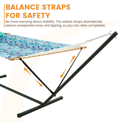 Lazy Daze Hammocks 2 Person Portable Hammock with 12FT Stand for Outside, 10.5FT Quilted Double Hammock with Spreader Bar and Detachable Pillow, 450lbs Capacity for Outdoor Patio, Floral Auqa