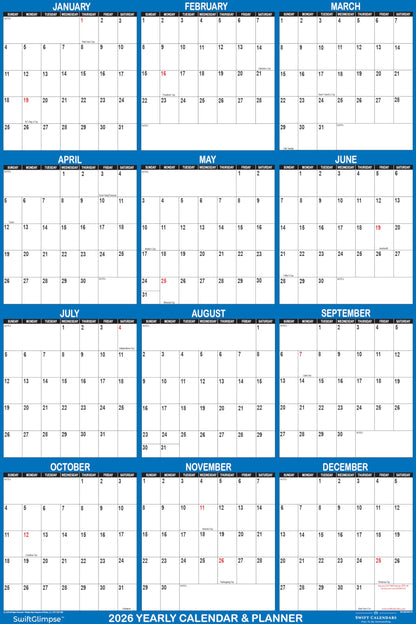 18" x 24" SwiftGlimpse 2026 Wall Calendar Erasable Large Wet & Dry Erase Laminated 12 Month Annual Yearly Wall Planner, Reversible, Horizontal/Vertical, Navy