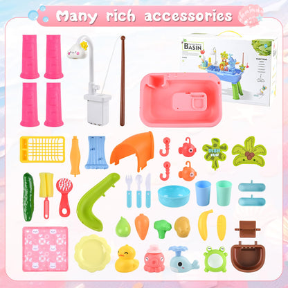 Mobelixy Upgraded Toddler Sand Water Table Toy with Electric Water Pump, Kids Sand Water with Faucet/Play Food Accessories/Fishing Toy, Kitchen Play Sink Toys for Girl Boy Age 3+ (Pink)