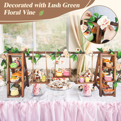 Wisreach Upgraded Large Wooden 3 Tier Swing Cupcake Stand with Flower Decor, Removable Trays, Foldable Ladder Display for Cake, Snacks, Fruit, Bread, Party & Catering Centerpieces