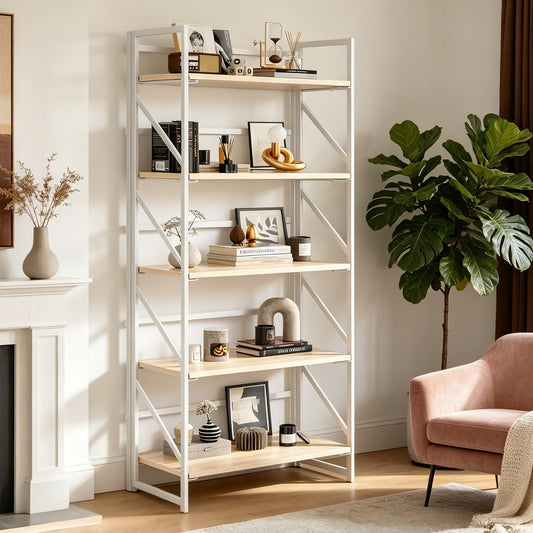 JSB No Assembly Folding Bookshelf, 5 Tier Industrial Metal Book Shelf for Storage, Vintage Wood Foldable Bookcase for Living Room, Bedroom, Office Organization Shelves