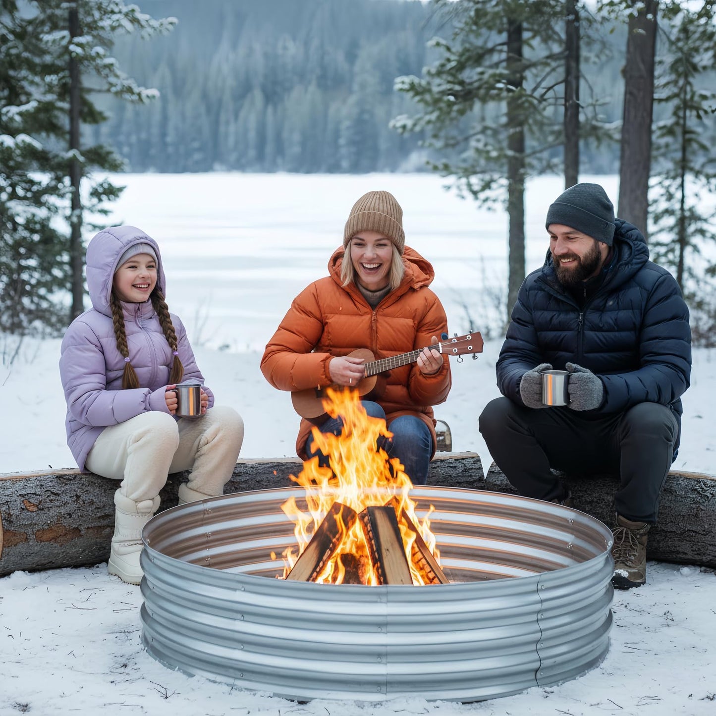 Eclaron 60 Inch Galvanized Steel Fire Pit Ring, 12 Inch Raised Heavy Duty Wood Burning Campfire Ring, Heat Resistant Outdoor Fireplace for Backyard, Patio & Camping