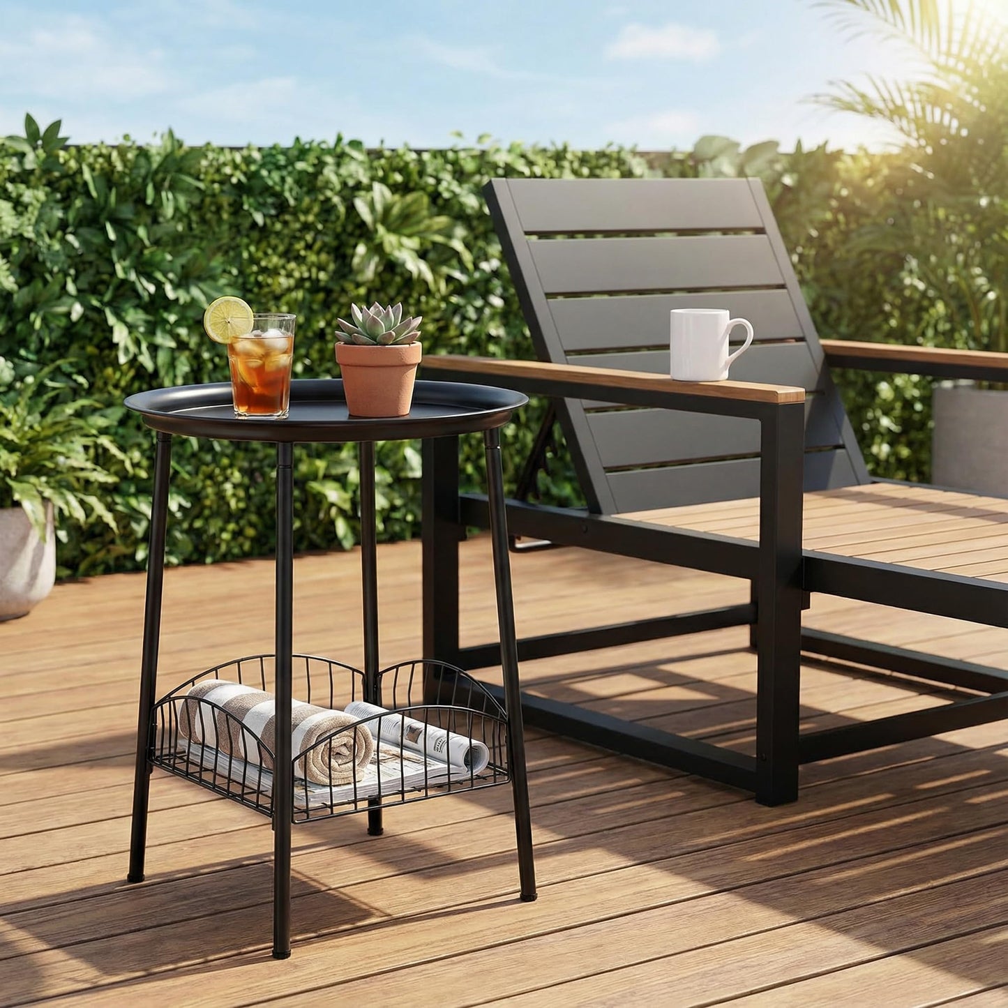 Luwesde 2 PCS Small Outdoor Side Table, 2-Tier Round Metal Patio Table, Accent Table Waterproof, Weather Resistant End Table for Yard Porch Pool Balcony Garden Bedside