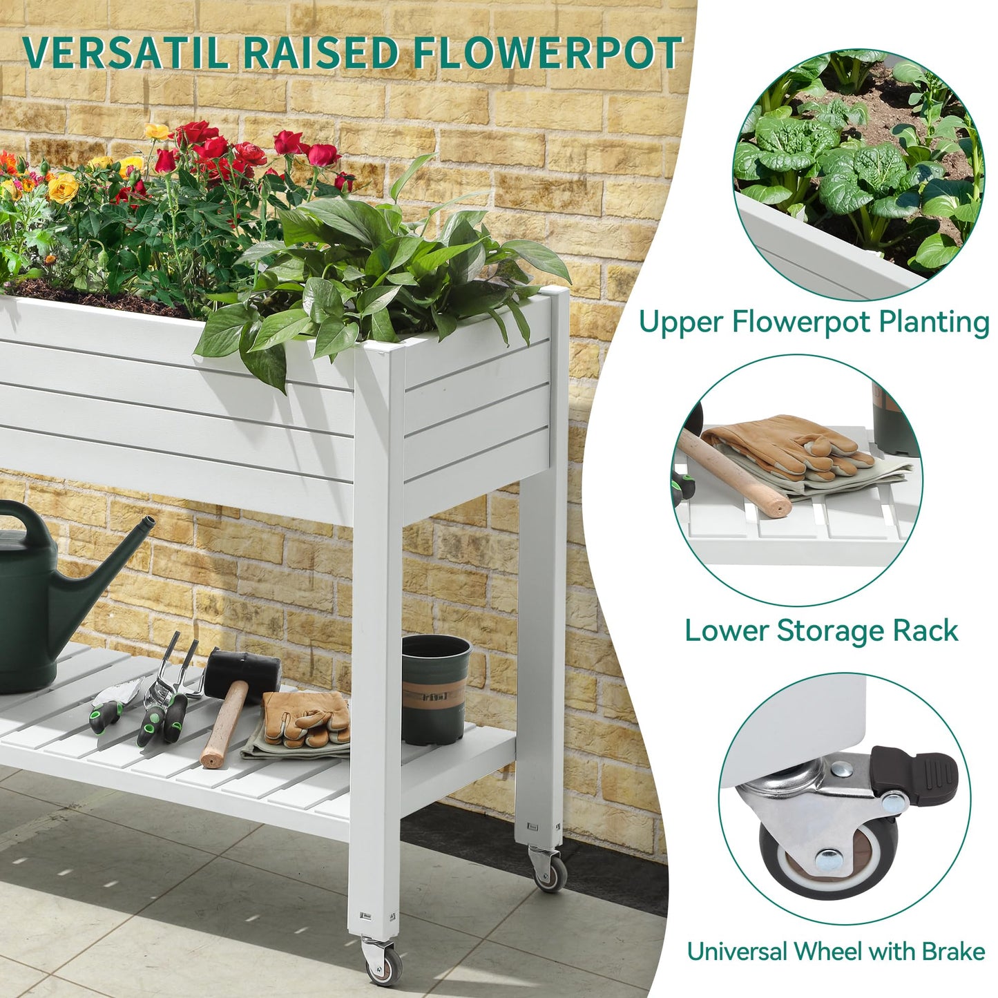 YITAHOME 3.6x1.5x2.8 FT Elevated Garden Bed Kit with Legs and Wheels, Outdoor Large Resin Planter Box Stand with Drain Plug and Storage Shelf for Plants Vegetables Fruits, Grayish-White