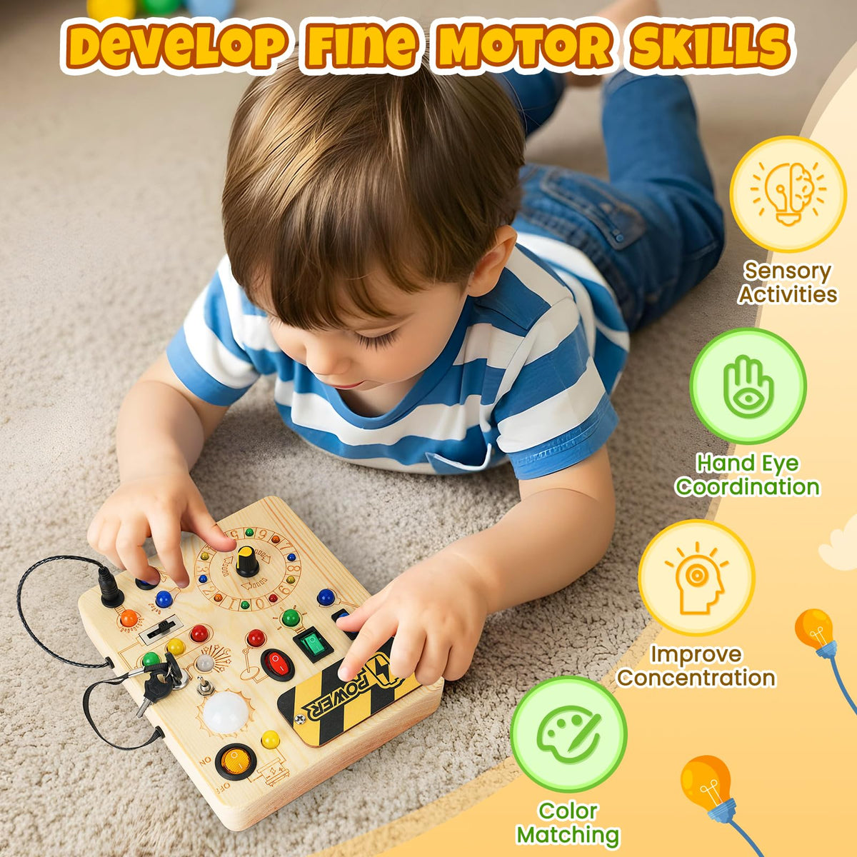 OAKJAR Busy Board, Montessori Toys for 1+ Year Old, Busy Board with 13 Led Light, Wooden Toddler Educational Travel Toy, 1 Year Old Boy&Girl Gifts