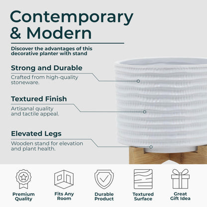 Ceramic Planter with Bamboo Stand – Modern Home Decor Indoor Plant Pot with Textured Stoneware Design – Decorative Planter with Legs for Living Room, Bedroom, Office, Patio, or Garden - 8", White