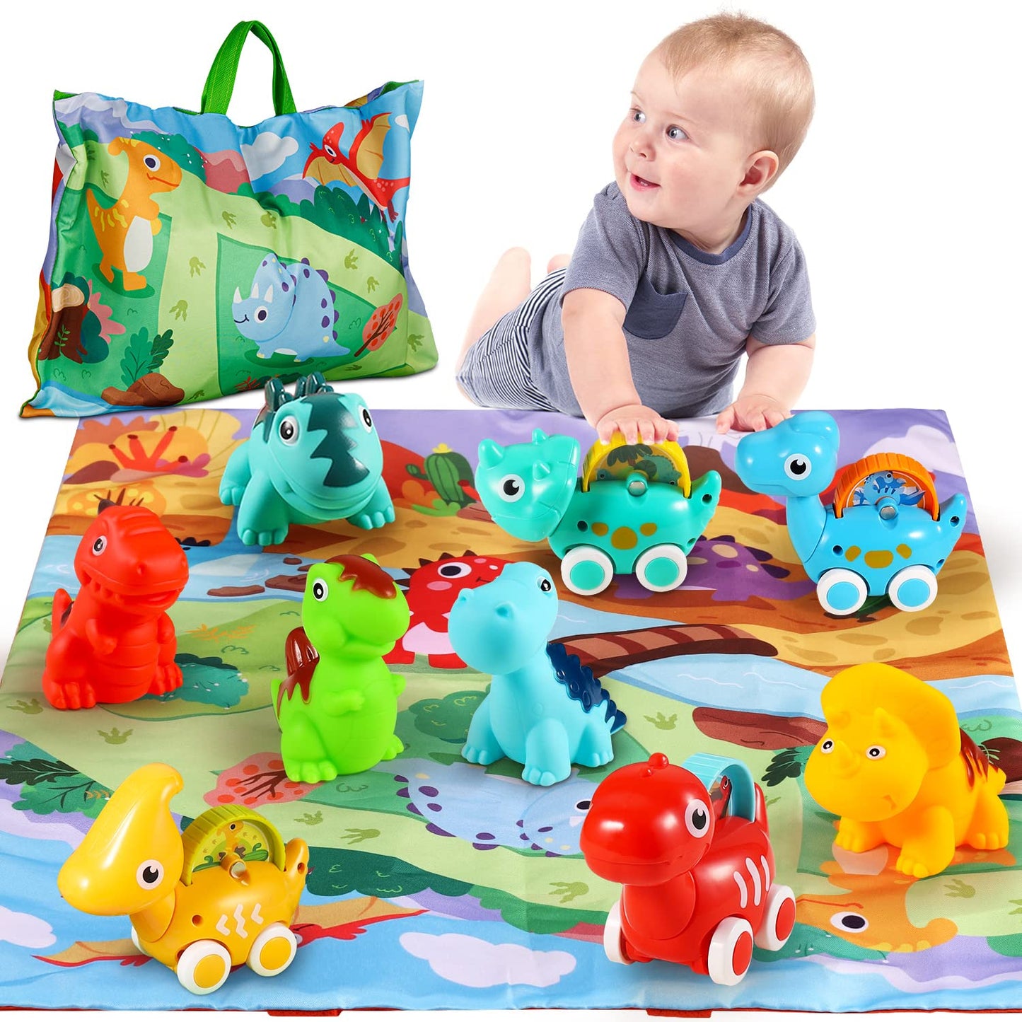 ALASOU 9 PCS Dinosaur Car Toys for 1 Year Old Boy with Playmat/Storage Bag|Baby Toys 1 Year Old Boy Gifts for Toddler Toys 1-2|1st Birthday Gift for Infant 12 18 Months