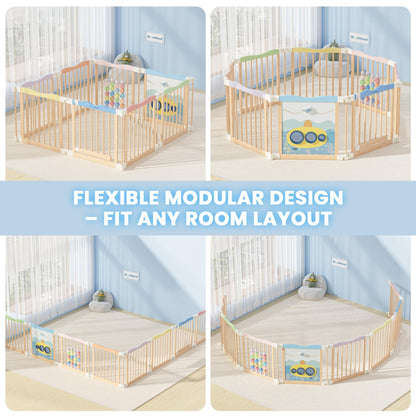 Foldable Wooden Playpen - Adjustable Wood Baby Play Yard with Child-Proof Lock, Indoor Large Safety Fence for Babies and Toddlers - Easy Assembly, 55 x 55 x 24 inches, Ocean Adventure, Colorful