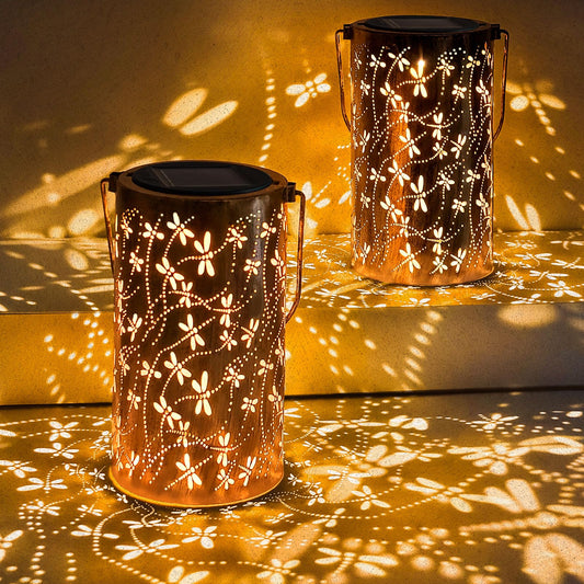 AZEEBOI 2 Pack Solar Lanterns Outdoor Waterproof Dragonfly Lantern Garden Decor Birthday Gifts for Women Mom Grandma Hanging Solar Lights Metal Decoration for Yard, Patio, Backyard, Porch