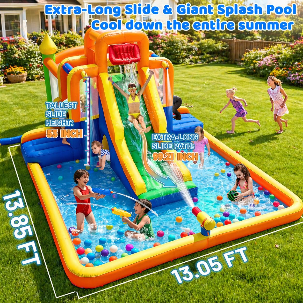 Umbalir 19x13FT Water Slide with 3 Climbing Walls, Jumbo Pool, Water Park with 2 Stair-Steps & Back Rock Wall, 2 Overhead Sprinklers & Water Cannon, 99" Long Slide, Multi-Kid Racing Bounce House