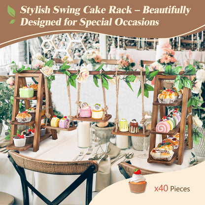 Wisreach Upgraded Large Wooden 3 Tier Swing Cupcake Stand with Flower Decor, Removable Trays, Foldable Ladder Display for Cake, Snacks, Fruit, Bread, Party & Catering Centerpieces