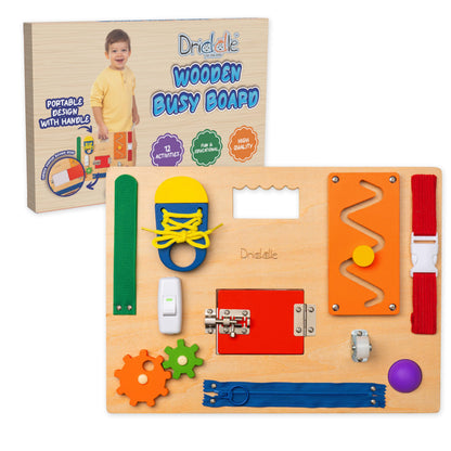 Driddle Busy Board - Wooden Montessori Activity Board for Toddlers & Kids - 12 Educational Sensory Toys to Learn Basic Life Skills & Develop Fine Motor Skills + Baby Mirror