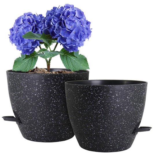 WSMKSZ 10 inch Self Watering Pots, Planter, Plant Pots with Mesh Drainage Holes for Indoor Outdoor House Plants and Garden, Pack of 2 Plastic Flower Pots with Deep Reservoir, Speckled Black