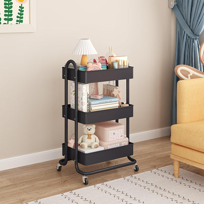 MIOCASA 3-Tier Metal Utility Rolling Cart, Heavy Duty Multifunction Cart with Lockable Casters, Easy to Assemble, Suitable for Office, Bathroom, Kitchen, Garden (Dark Gray, 3-Tier-Metal)