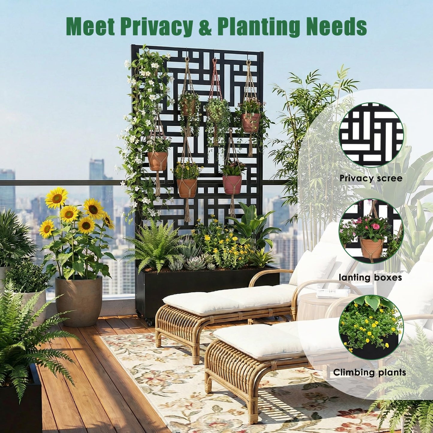 Hubxinly 70.87x35.43x15.75 Inch Metal Planter Box with Trellis and Wheels Raised Garden Bed with Drainage Holes Privacy Planters Suitable for Climbing Plants and Vegetables (02)