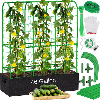 Srapwati 65"H x 50"W Cucumber Trellis with Grow Bag & Netting, U-Frame Metal Plant Support, Heavy-Duty Steel & Plastic, Green & Black, Rectangular, Climbing Plant Support Structure