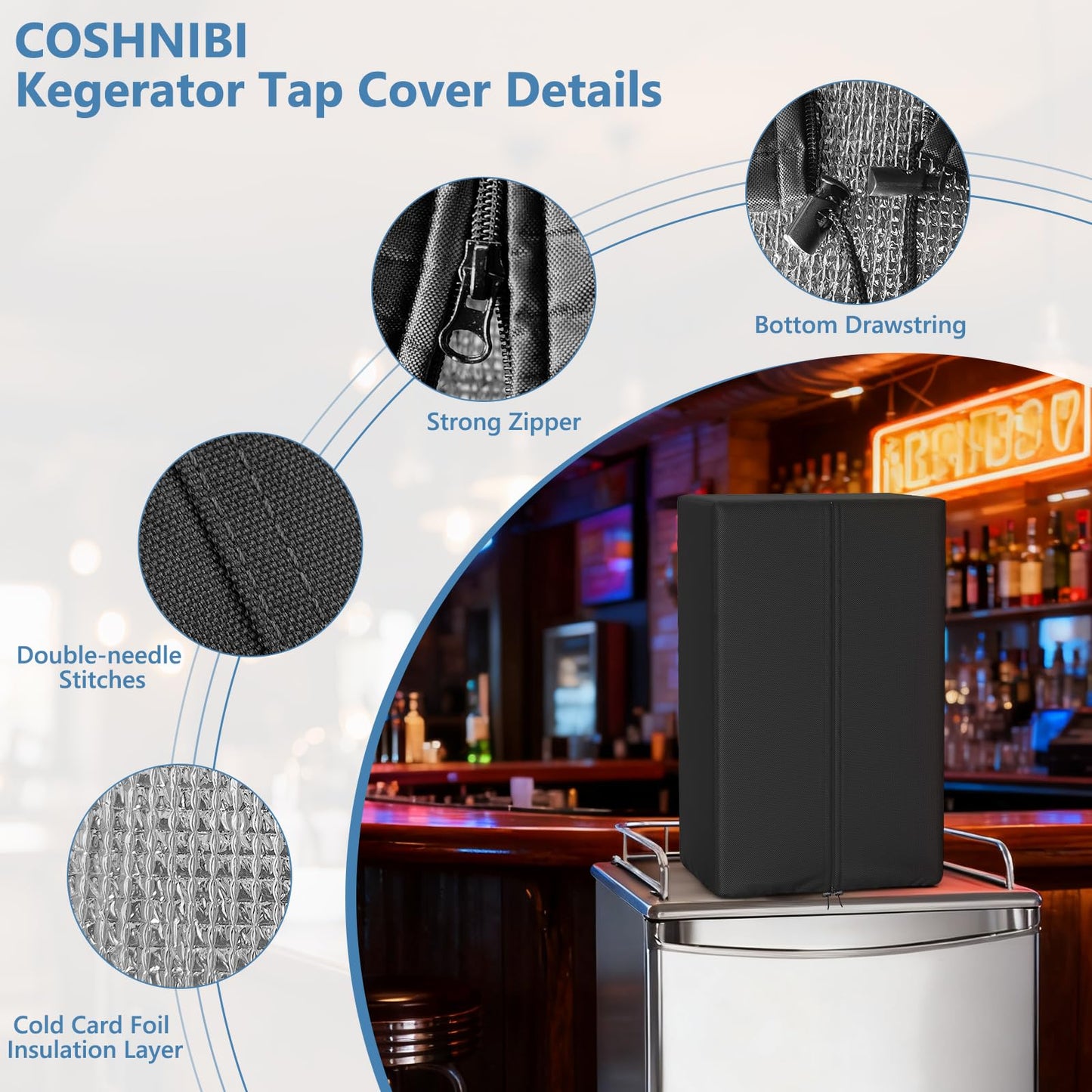 COSHNIBI Kegerator Beer Tower Cover,Waterproof and Dustproof Kegerator Tap Covers with Insulation Layer for Single or Double Tap Draft Tower,10.23"L x 6.69"W x 18.11"H,Black(Cover Only)