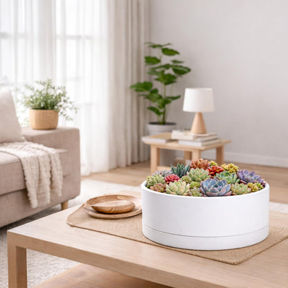 D'vine Dev 10 Inch Plastic Shallow Planter, Large Round Succulent Plant Pot with Drainage Hole and Sauce, Decorative Bonsai Pot for Indoor Plants, White, 76-Z-A-2