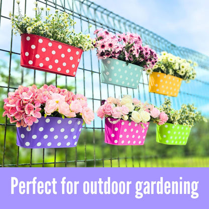 LaLaGreen Outdoor Hanging Planter (11.2 Inch, 6 Pack) Light Blue, Neon Pink, Dark Purple, Yellow, Red Metal Iron Window Box Polka Dot Herb Flower Pot Deck Railings Fence Wall Mount Porch Garden Decor