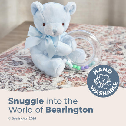 Bearington Collection Baby Polky Blue Plush Stuffed Animal Teddy Bear Shaker Toy Ring Rattle, 5" - Baby Boy Toys - Stuffed Animal for Kids