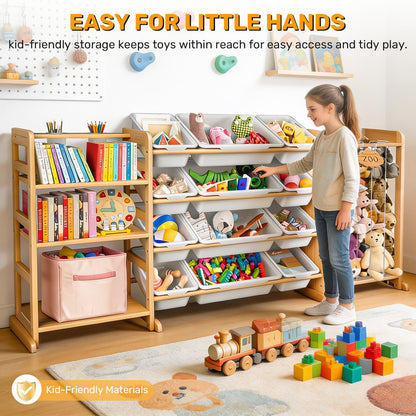 Yazzropt 65" Large Toy Storage Organizer with Bins Shelves & Stuffed Animal Storage for Kids Wood Toddler Playroom Organization with Bookshelf Toys Box Wooden Organizers for Kids Room Nursery Bedroom
