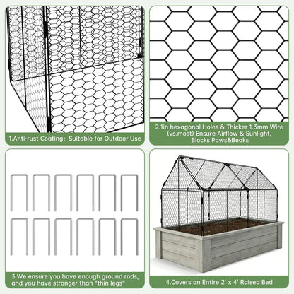Decoroca 4x2ft Chicken Wire Plant Protectors - Crop Cage with Flip-Top&10 Ground Stakes, Outdoor Plant Protection Cage Keep Animals Out of Your Vegetable Garden - Suitable for 4x2ft Raised Garden Bed
