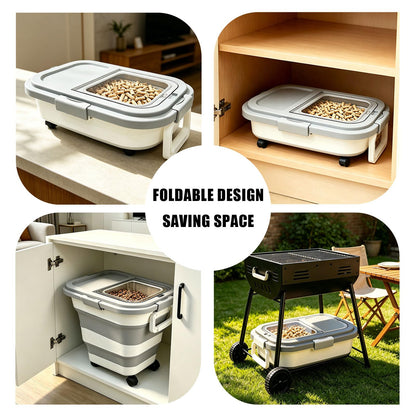 Wood Pellet Storage Containers 35lbs, Collapsible Pellet Storage Bin with Scoop and Label Stickers, Charcoal Storage with Locking Lid Clear Window, Smoker Pellet Storage Pellet Bucket Grill Accessory
