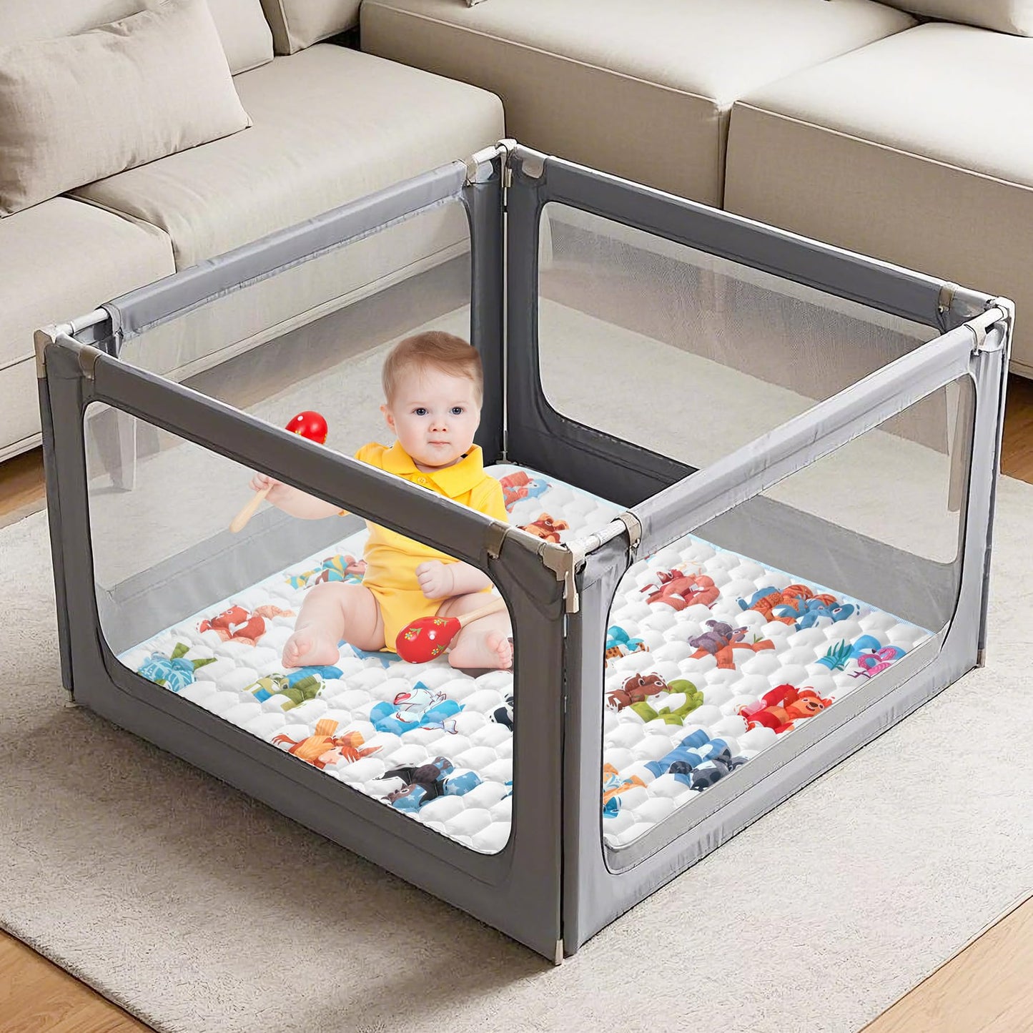 Baby Play Mat for Floor Playpen - 50" X 50" Playpen Mat,Thick One-Piece Crawling, Odorless Floor Mat, Non-Slip Cushioned Baby Playmat for Infants,Babies,Toddlers. Foldable and Machine Washable