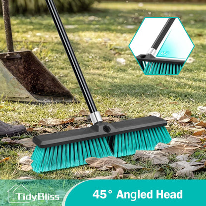 TidyBliss 18” Push Broom Outdoor Heavy Duty 3 Pack, Large Commercial Stiff Bristle Brush with 63 inches Long Handle for Garage Shop Garden Yard Patio Deck Street Warehouse Lawn Driveway (Green)