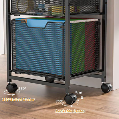 Feyejade 6-Tier Rolling File Cart with 2 Drawers, File Cabinet Organizer for Hanging File Folders, Letter-Size File Storage with Wheels, Multi-Layer Mobile Filing Cabinet for Office and Home