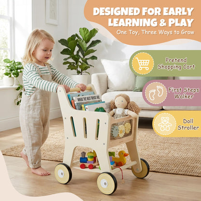Pithfor Wooden Shopping Cart for Kids, 3 in 1 Wooden Baby Push Walker, Baby Doll Stroller, Toy Shopping Cart for Toddlers 1-3