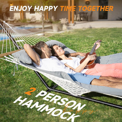 Everyfun 2 Person Outdoor Hammock with Stand, Cotton Rope Hammock with Polyester Pad, Adjustable Steel Frame, Portable with Carrying Bag – for Patio, Backyard, Garden, Beach,Dark-Gray