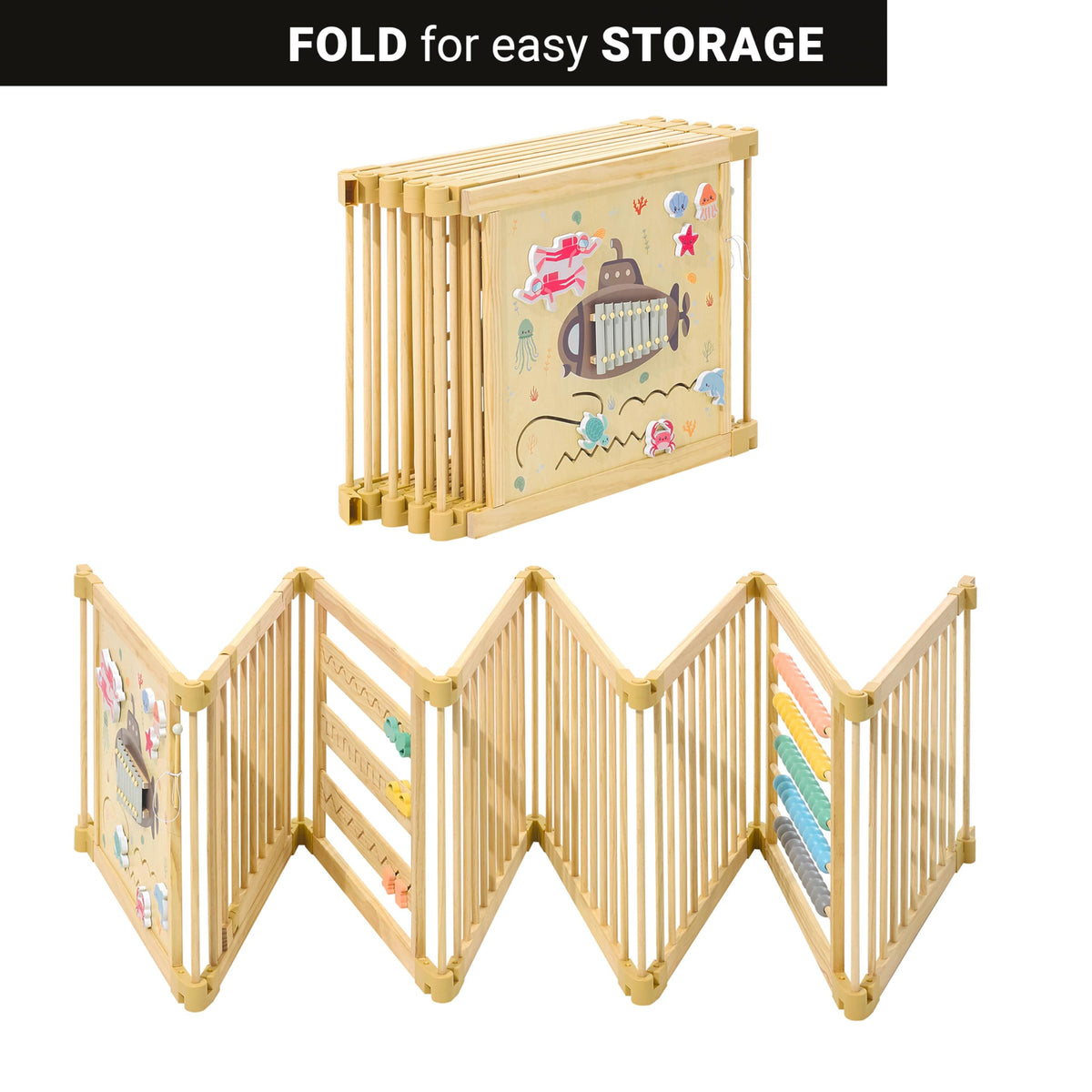 Wooden Playpen Extra Large for Toddlers and Babies - Under The Sea Theme Toy Design - (8/10) Wood Panels - Foldable and Adjustable Baby Play Yard- Extra Large Baby Playpen (10-Panels)