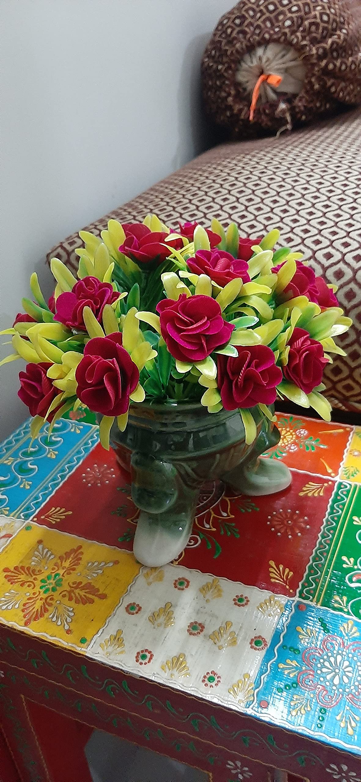 India Meets India Handmade Ceramic 3 Legs Pot Planter [Green] w/Artificial Flower, Decorative Planter for Home Décor/Living Room/Office/Dining Area and Windowsill, 4.5 x 4.5 inches