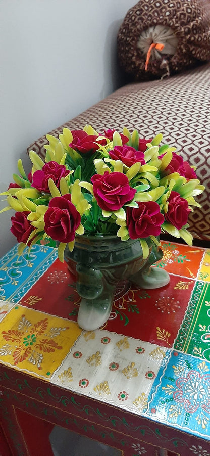 India Meets India Handmade Ceramic 3 Legs Pot Planter [Green] w/Artificial Flower, Decorative Planter for Home Décor/Living Room/Office/Dining Area and Windowsill, 4.5 x 4.5 inches