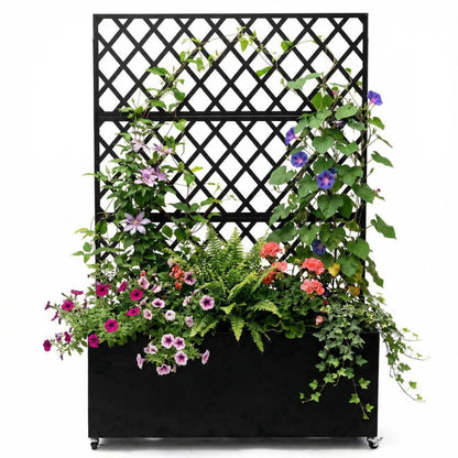 Amenitlif Galvanized Steel Raised Garden Bed with Trellis, Large Outdoor Planter Box with Lockable Casters & Drainage Holes, Privacy Screen Planter for Climbing Plants, 71"X35"X16"