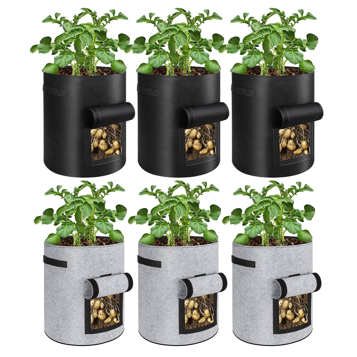 6 Pack Potato Grow Bags, 10 Gallon Planting Bags Large Fabric Pots with Flap Window Vegetable Planter Garden Pot Tall Potato Growing Containers with Handles for Vegetables, Fruits, Black + Grey