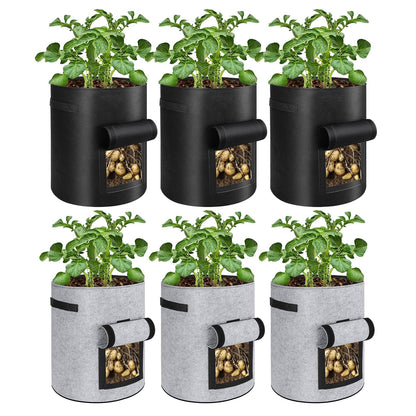 6 Pack Potato Grow Bags, 10 Gallon Planting Bags Large Fabric Pots with Flap Window Vegetable Planter Garden Pot Tall Potato Growing Containers with Handles for Vegetables, Fruits, Black + Grey