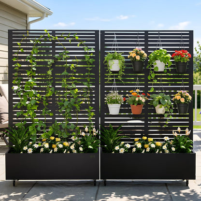 Baotree Metal Raised Garden Planter Bed, 72"x47"x16" Outdoor Planter Box with Trellis and Wheels for Climbing Plants, Vegetables & Vines, Features Drainage Holes and Privacy Screen (Black-Louvered)